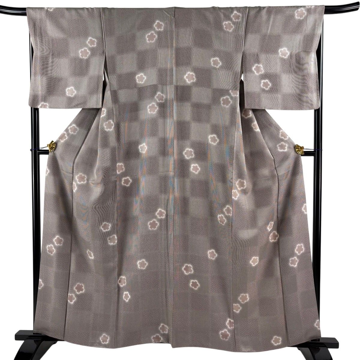 【美品】 小紋 身丈160.5cm 裄丈68cm L 袷 花 竹縞 ぼかし 灰茶 正絹 秀品 【中古】