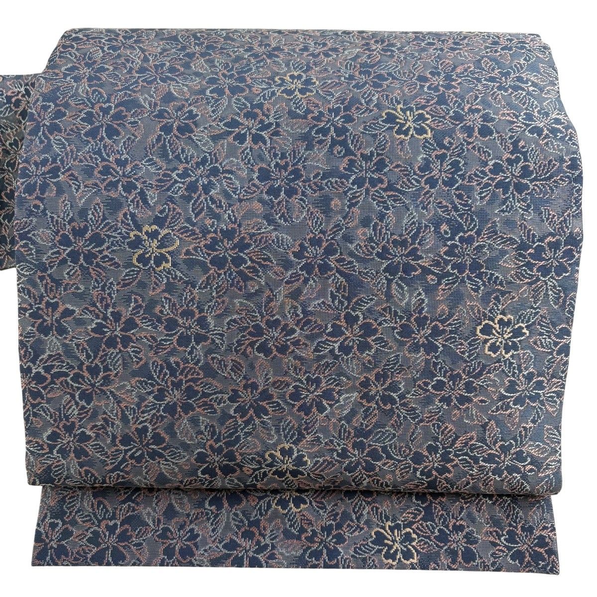 【美品】 名古屋帯 名品 桜 箔 ラメ糸 青灰色 正絹 【中古】