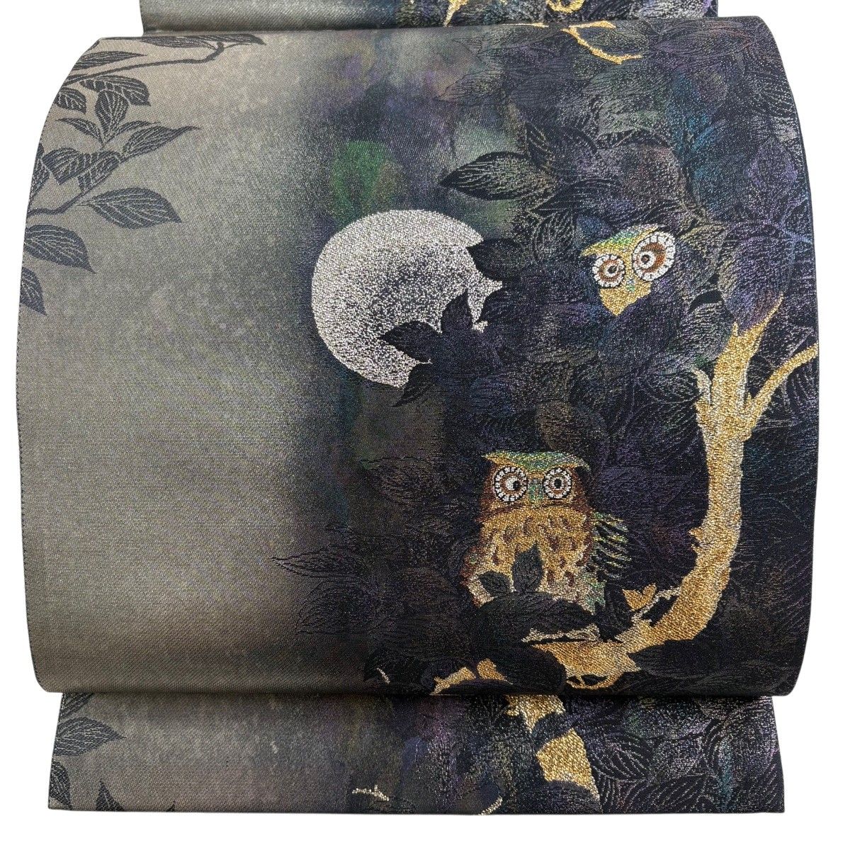 【美品】 袋帯 名品 ふくろう 樹木 箔 灰色 六通 正絹 【中古】