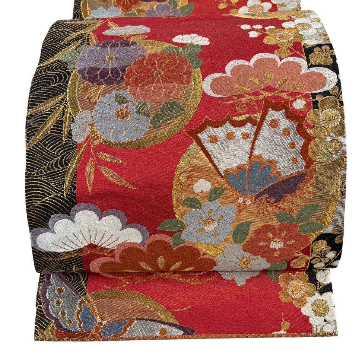【美品】 袋帯 秀品 振袖向き 蝶 花丸文 唐織 箔 赤 六通 正絹 【中古】