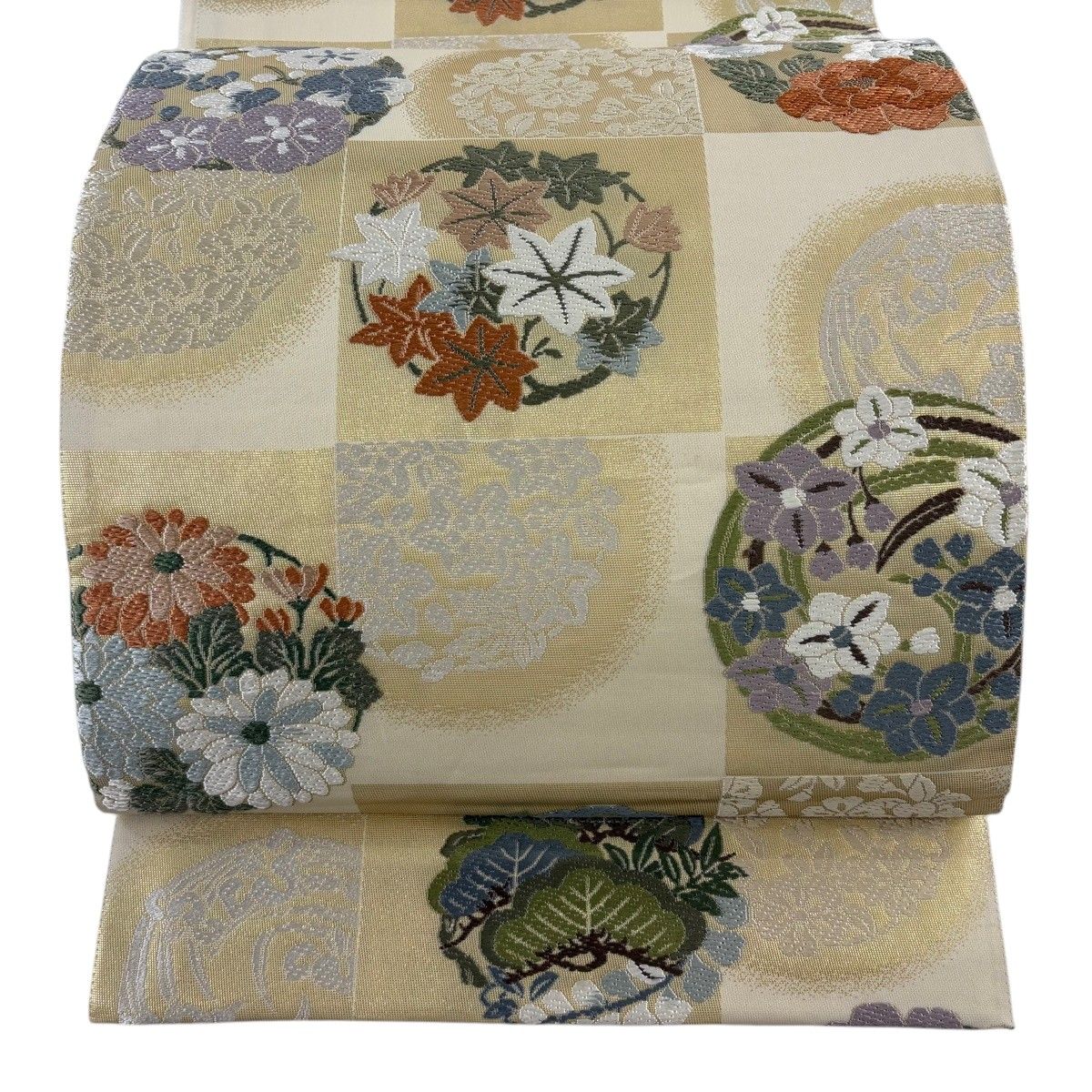 【美品】 袋帯 秀品 花丸文 変わり市松 箔 ベージュ 六通 正絹 【中古】