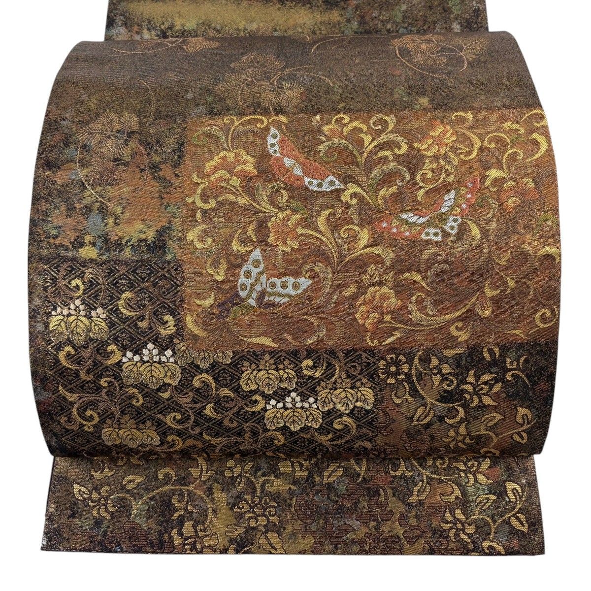 【美品】 袋帯 秀品 蝶 花唐草 金糸 箔 焦茶色 お太鼓柄 正絹 【中古】