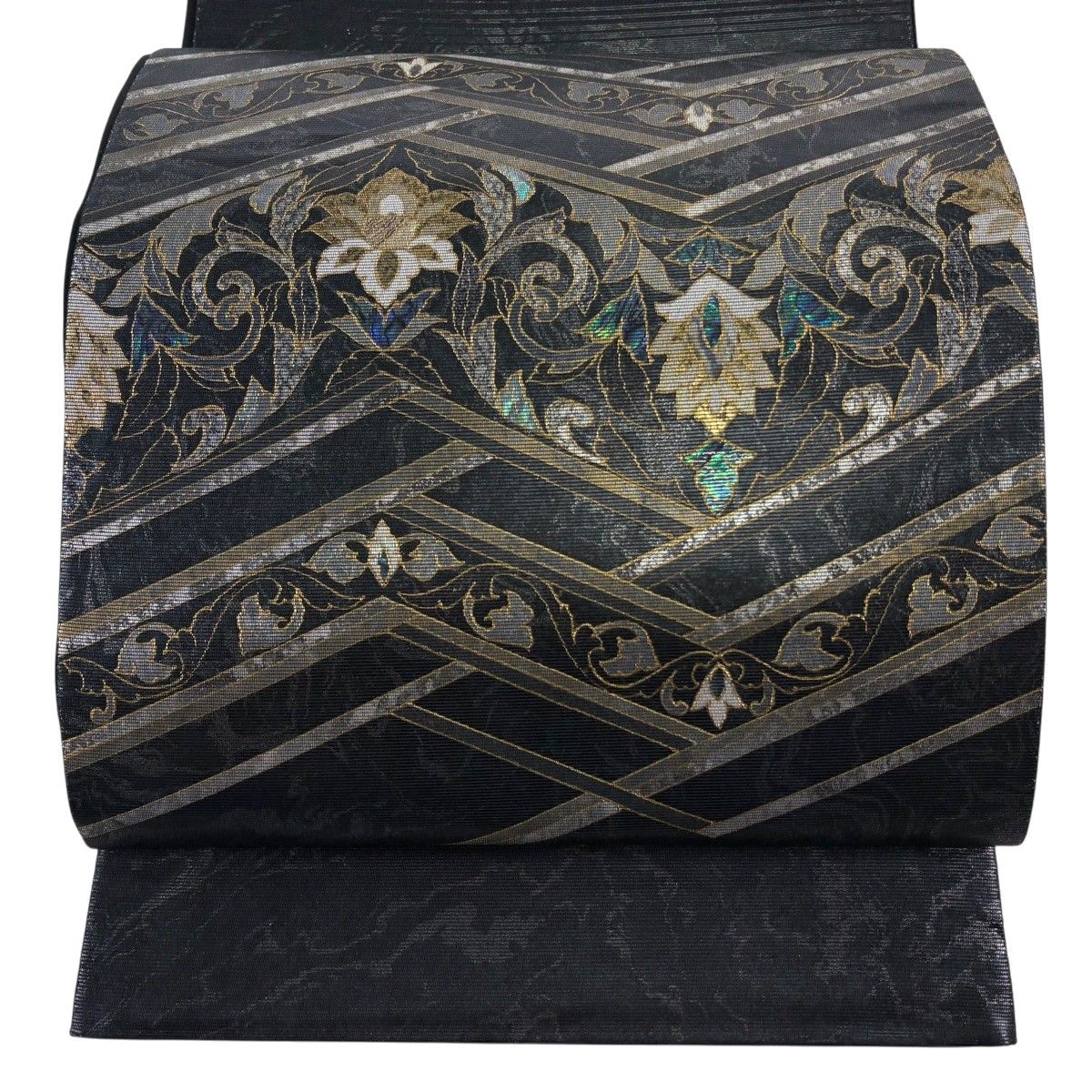 【美品】 袋帯 秀品 落款 花唐草 螺鈿箔 箔 黒 六通 正絹 【中古】