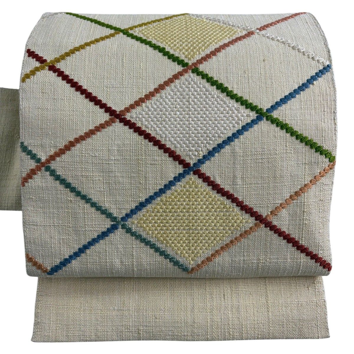 【美品】 名古屋帯 秀品 紬地 八寸名古屋帯 菱格子 刺繍 薄黄 正絹 【中古】