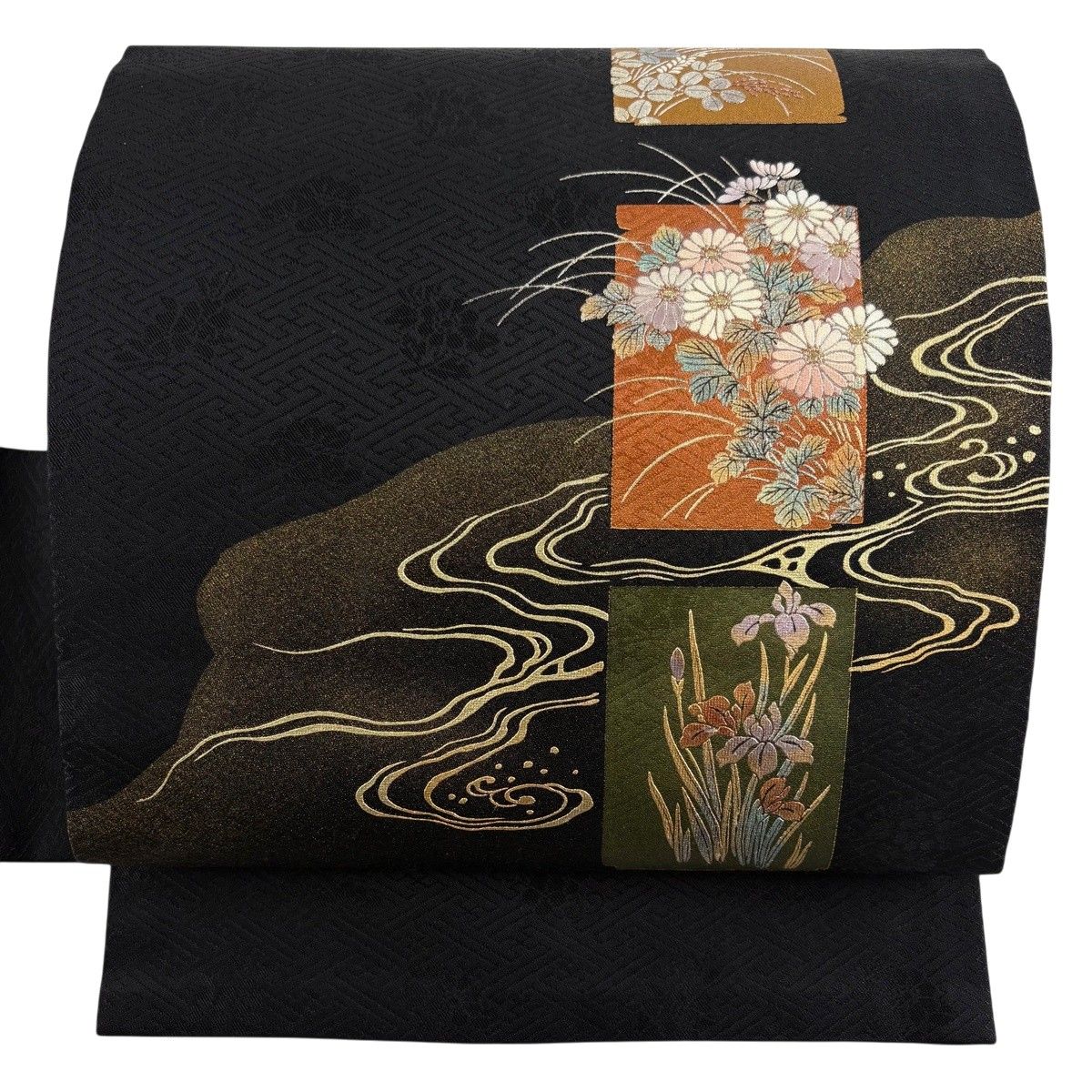 名古屋帯 秀品 草花 流水 金銀彩 黒 正絹 【中古】