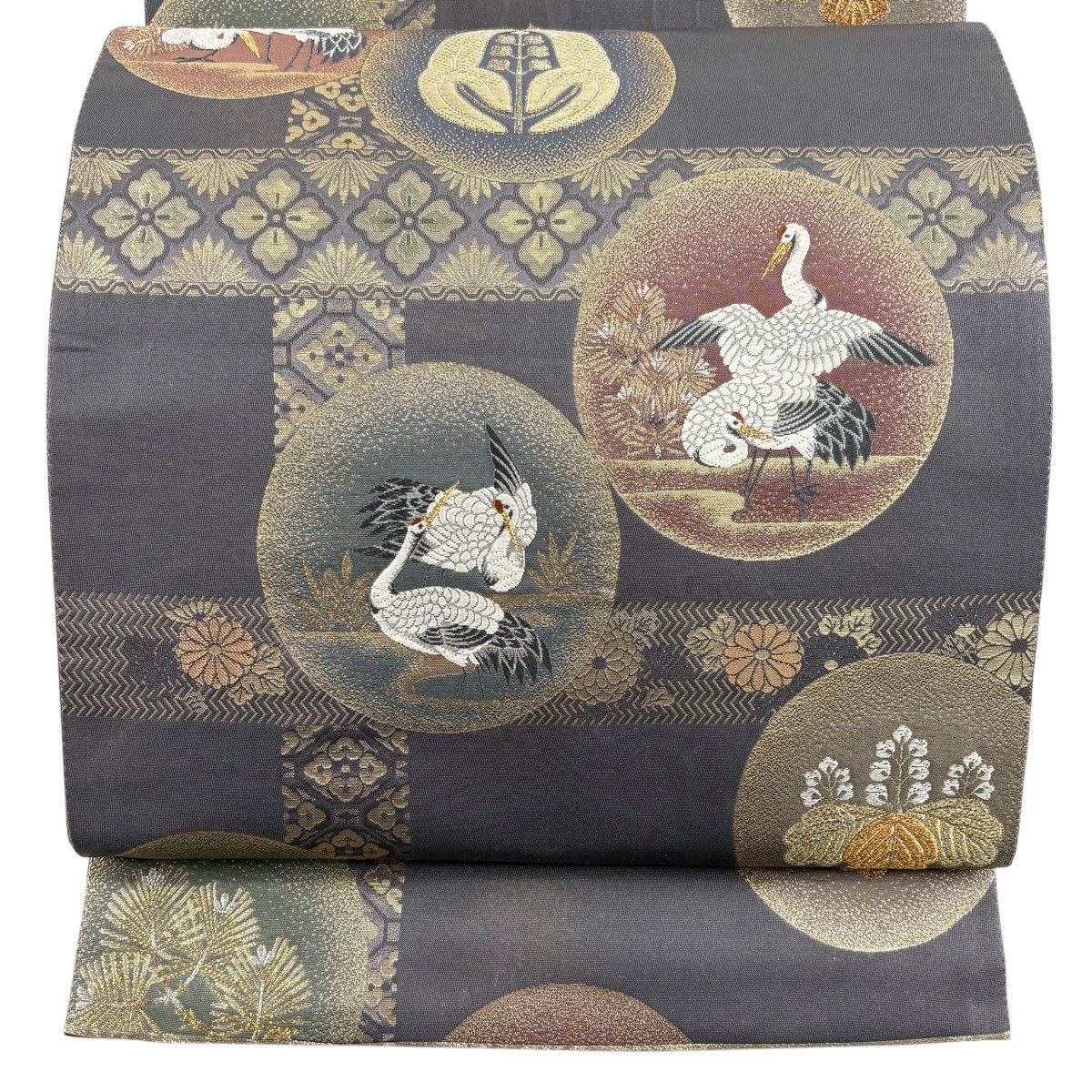 【美品】 袋帯 秀品 鶴 草花 金糸 箔 灰色 六通 正絹 【中古】