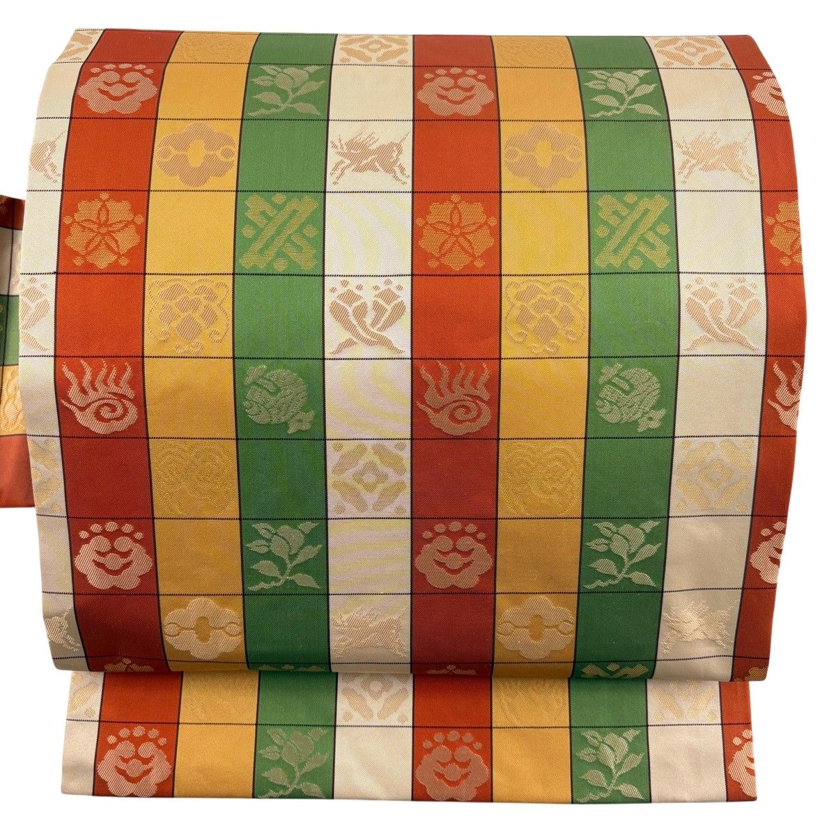 【美品】 名古屋帯 秀品 宝尽くし 格子 箔 ベージュ 正絹 【中古】