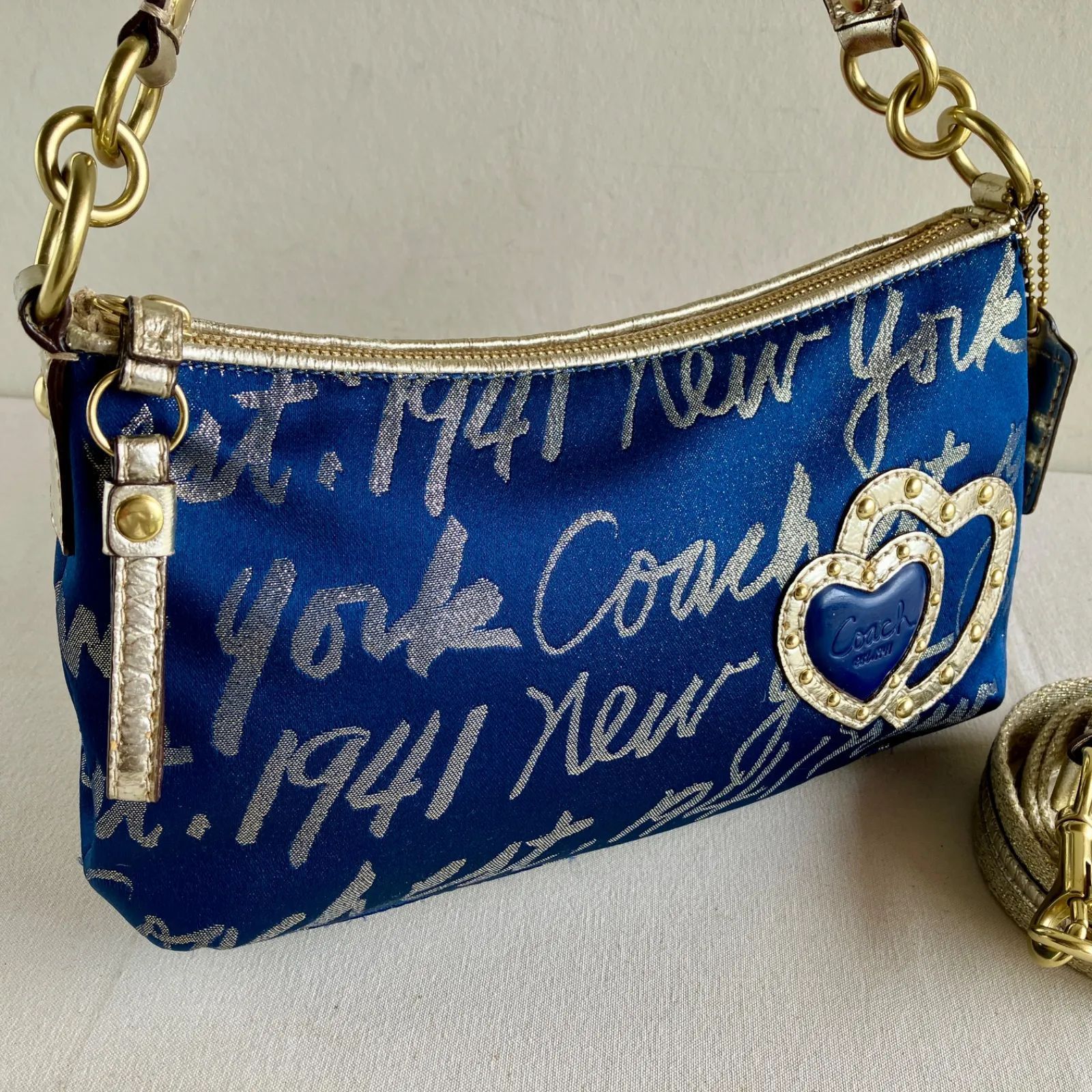 Rare Coach Poppy Storypatch Heart Blue Gold Script 2Way Crossbody