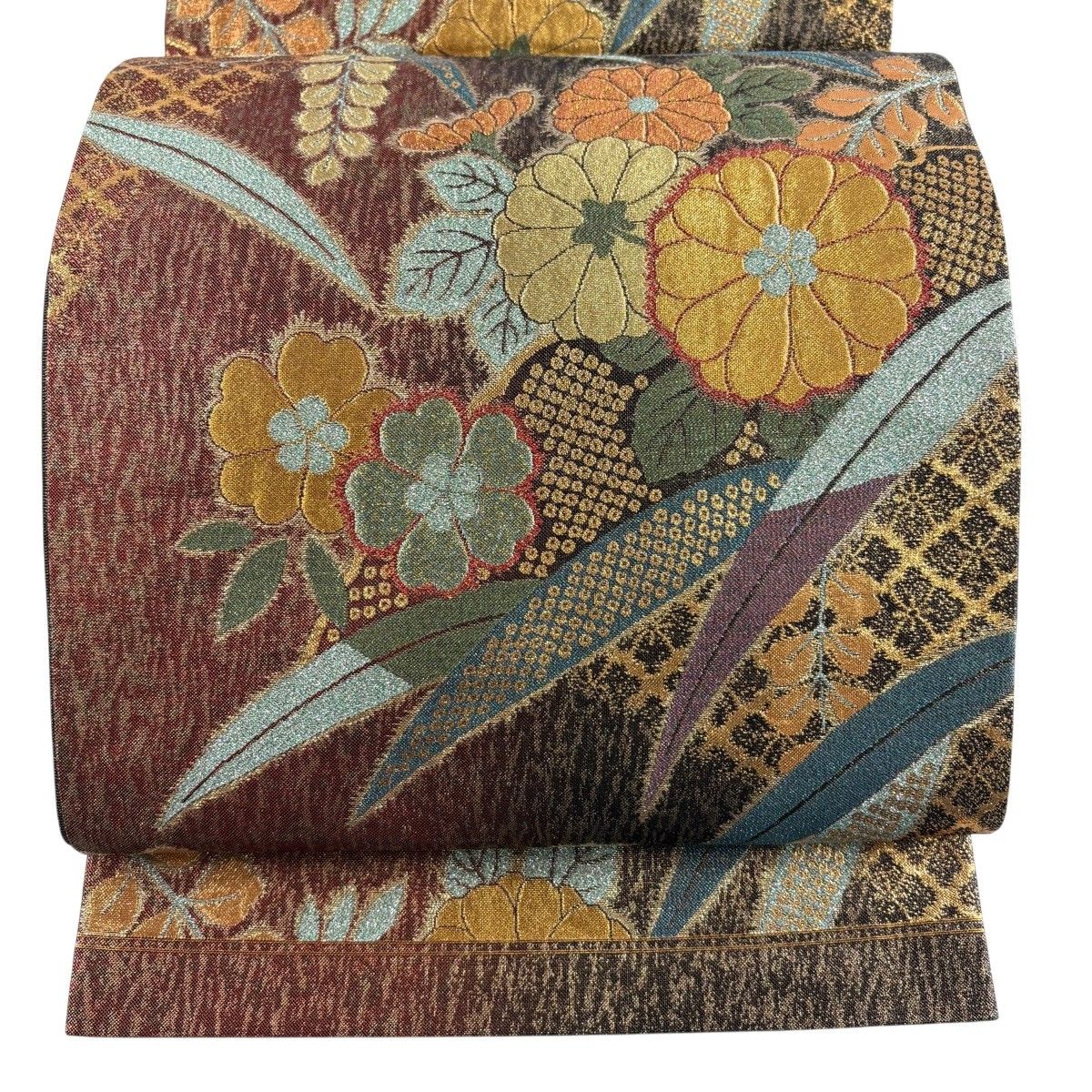【美品】 袋帯 秀品 草花 菊 金糸 箔 黒 六通 正絹 【中古】