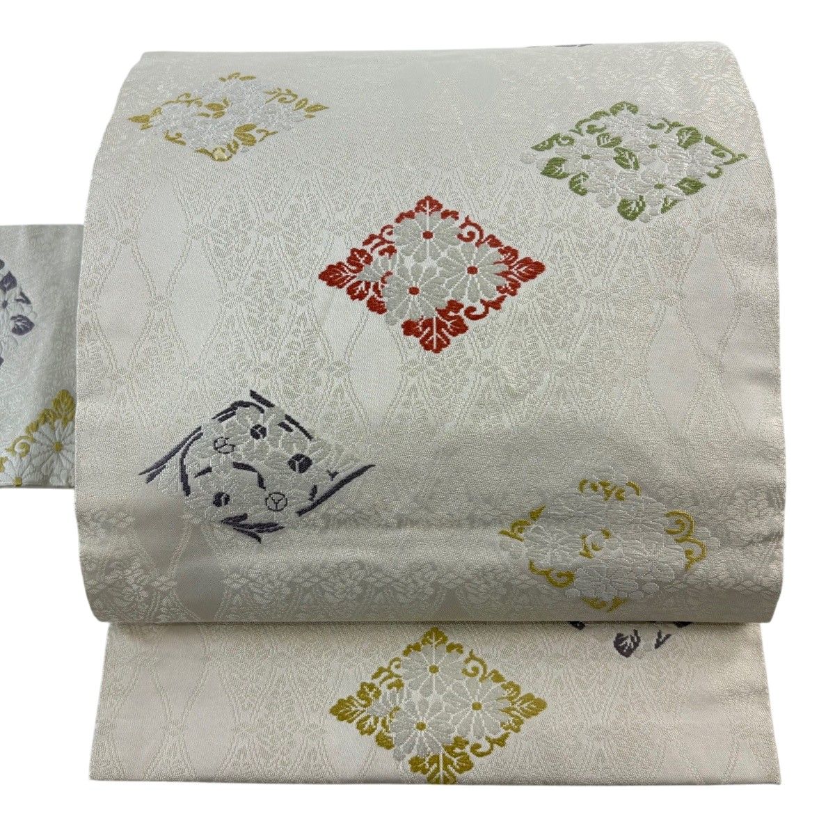 名古屋帯 秀品 菱 草花 クリーム 正絹 【中古】 6,864円