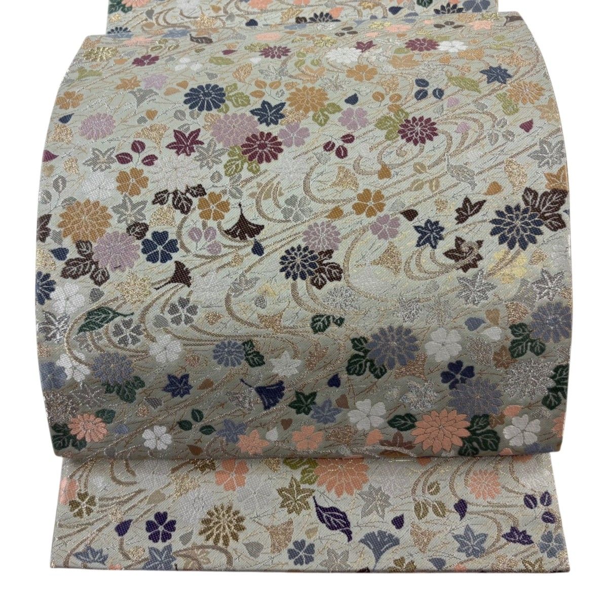 【美品】 袋帯 秀品 秋草 流水 金銀糸 箔 薄緑 六通 正絹 【中古】