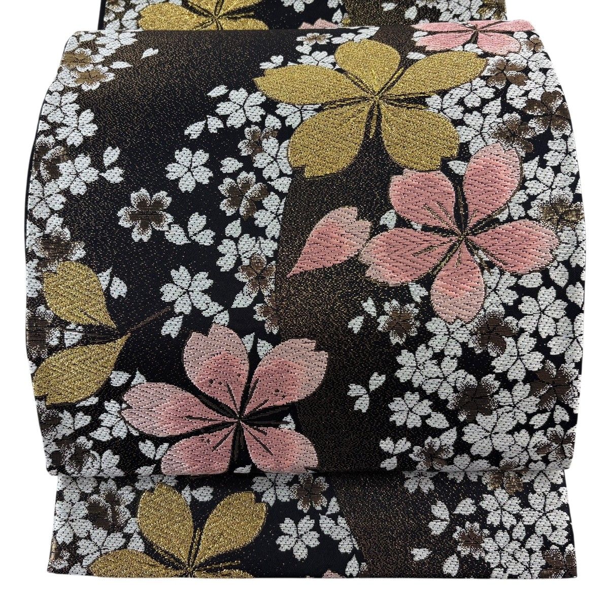 【美品】 袋帯 秀品 桜 花びら 箔 唐織 黒 六通 正絹 【中古】