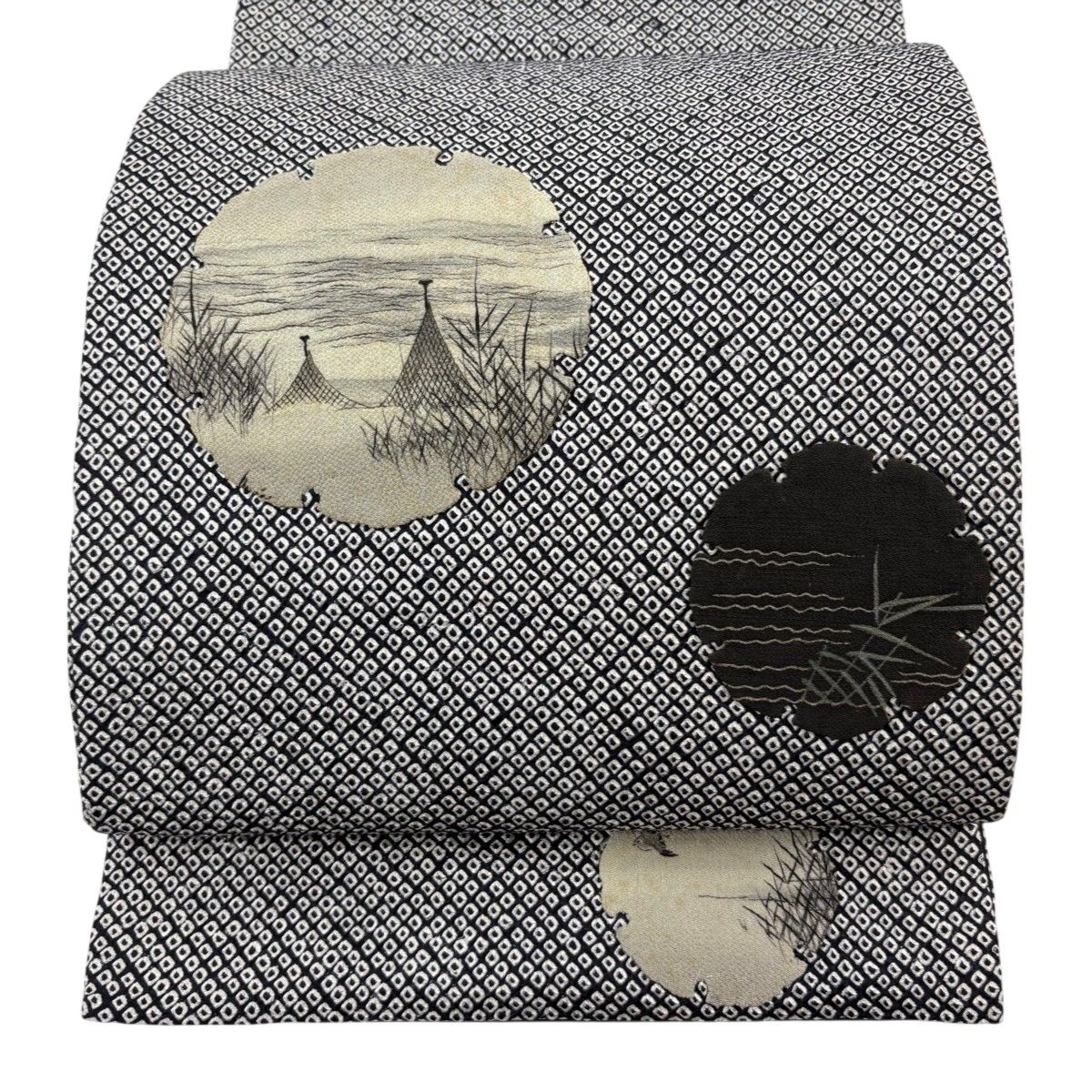 袋名古屋帯 秀品 雪輪 網干 絞り 黒灰 正絹 【中古】