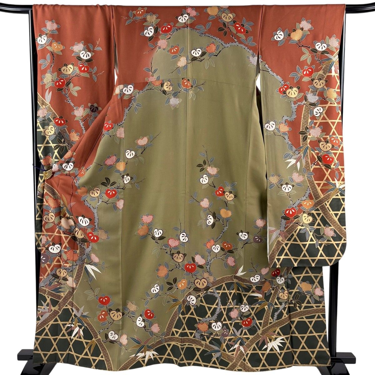 振袖 身丈161cm 裄丈67.5cm L 袷 橘花 籠目 金彩 染め分け 赤茶 正絹 秀品 【中古】