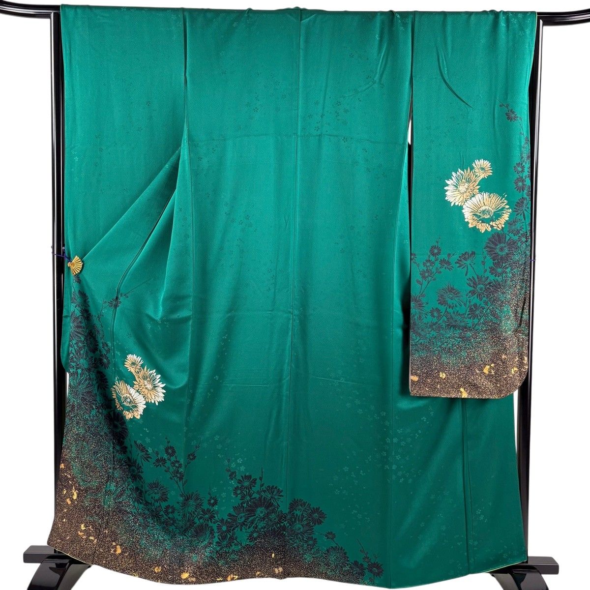 振袖 身丈161.5cm 裄丈67cm M 袷 菊 ラインストーン 金彩 緑 正絹 秀品 【中古】