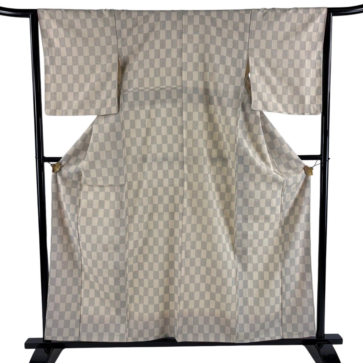 【美品】 小紋 身丈158.5cm 裄丈63cm S 袷 市松 縦縞 ベージュ 正絹 秀品 【中古】