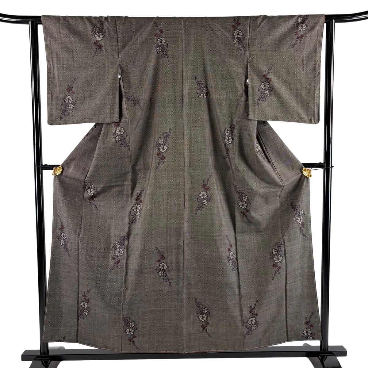 【美品】 大島紬 身丈158cm 裄丈62cm S 袷 純泥染 証紙 草花 焦茶色 正絹 秀品 【中古】