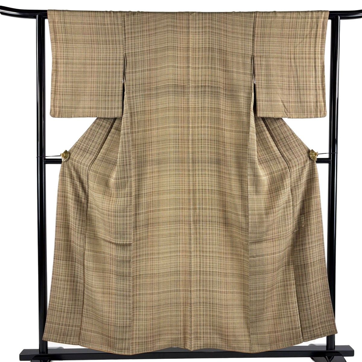 【美品】 小紋 身丈155cm 裄丈61cm S 袷 細合俊男 鈴乃屋 落款 格子 縮緬 焦茶色 正絹 秀品 【中古】