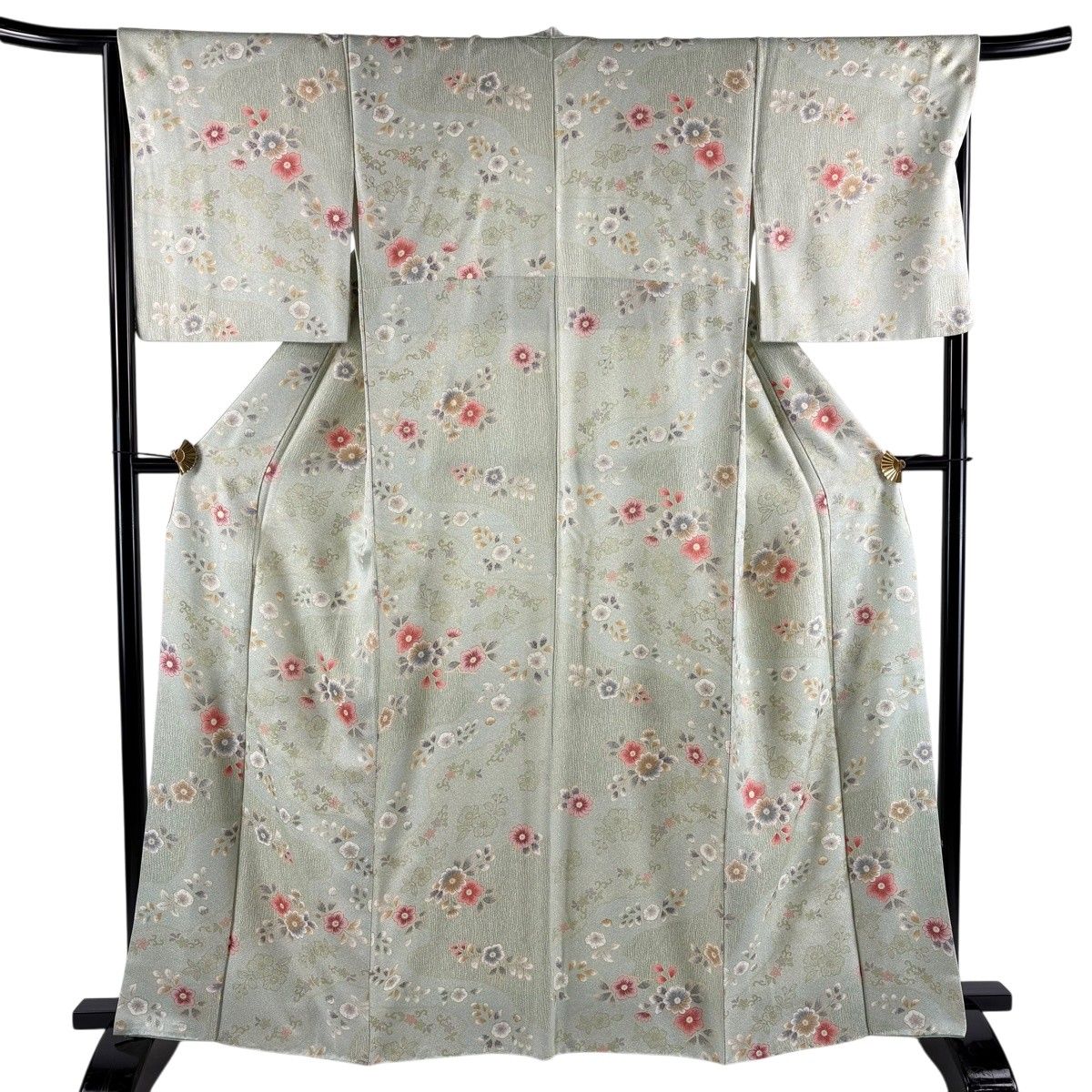【美品】 小紋 身丈164cm 裄丈66cm M 袷 草花 金彩 薄緑 正絹 秀品 【中古】 6,160円