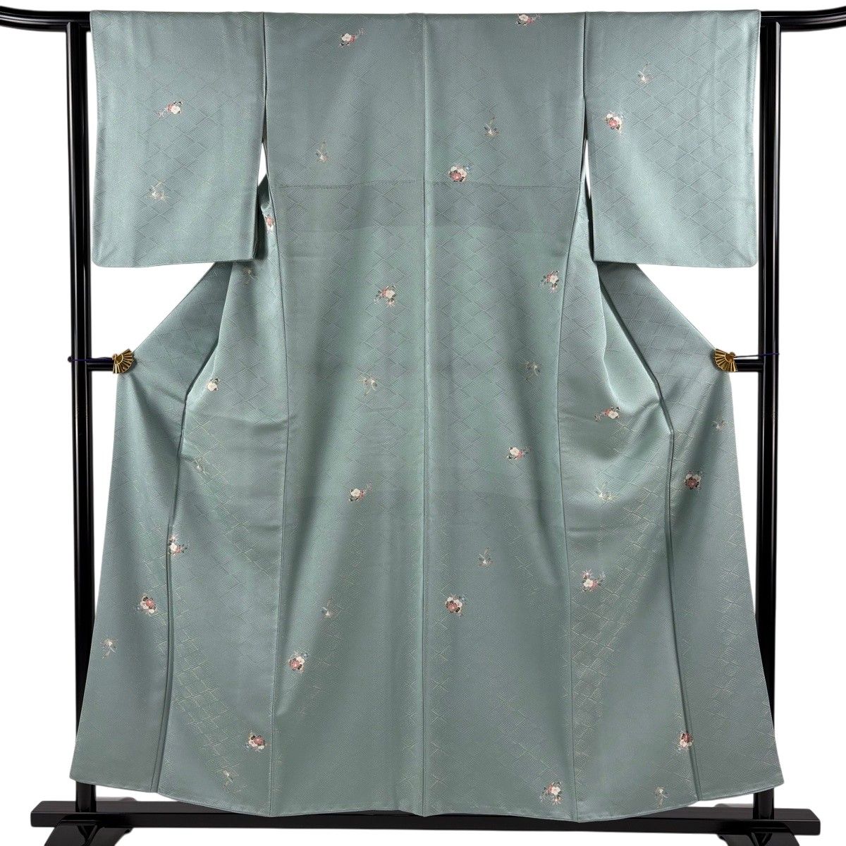 【美品】 小紋 身丈155cm 裄丈63cm S 袷 草花 地紋 金通し 薄緑 正絹 秀品 【中古】 6,336円