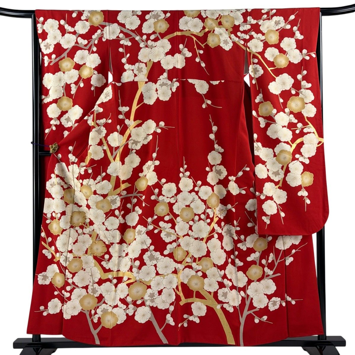 振袖 身丈158cm 裄丈65cm M 袷 枝梅 金糸 金彩 赤 正絹 秀品 【中古】