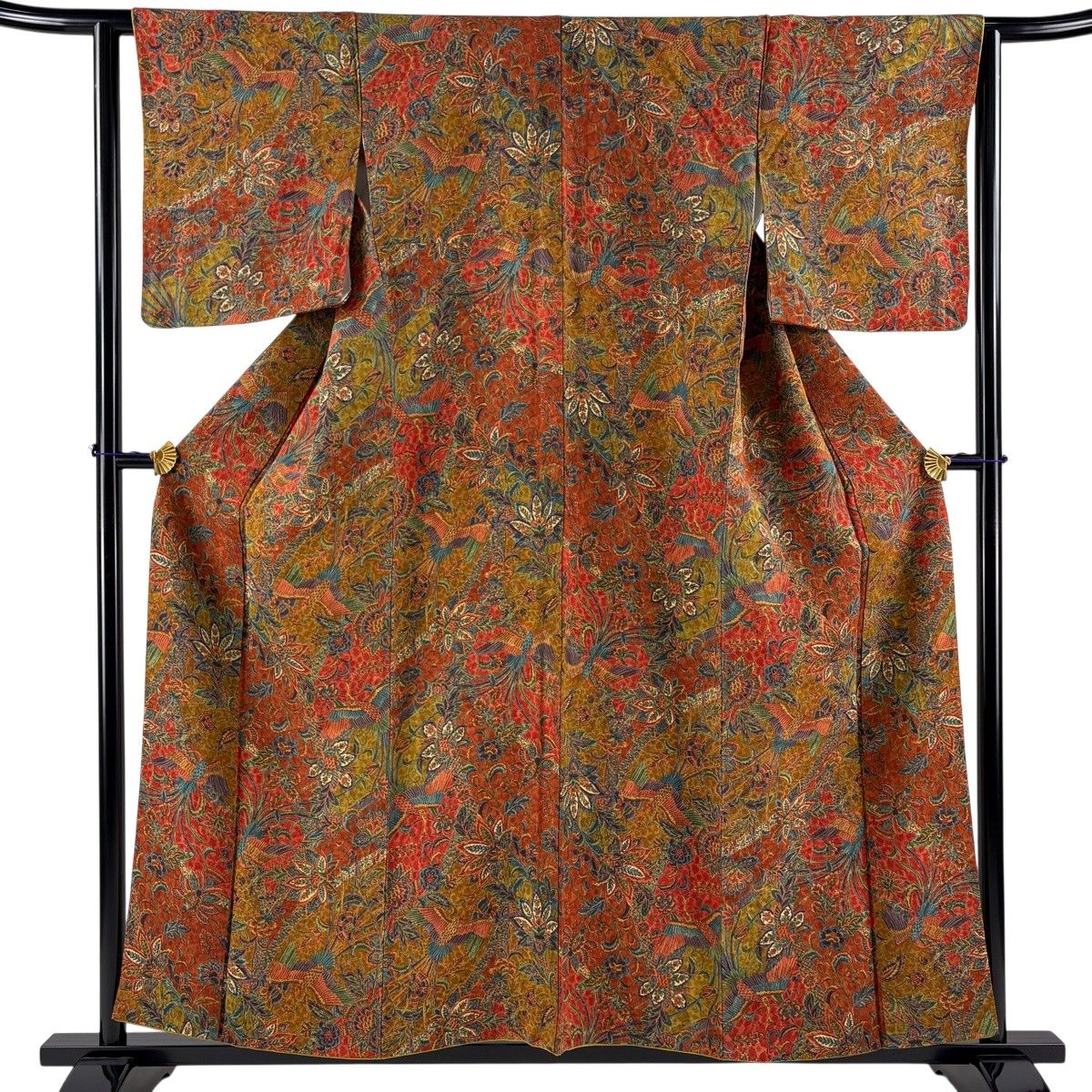 【美品】 小紋 身丈156.5cm 裄丈62.5cm S 袷 更勝 落款 鳥 更紗 縮緬 茶緑色 正絹 秀品 【中古】