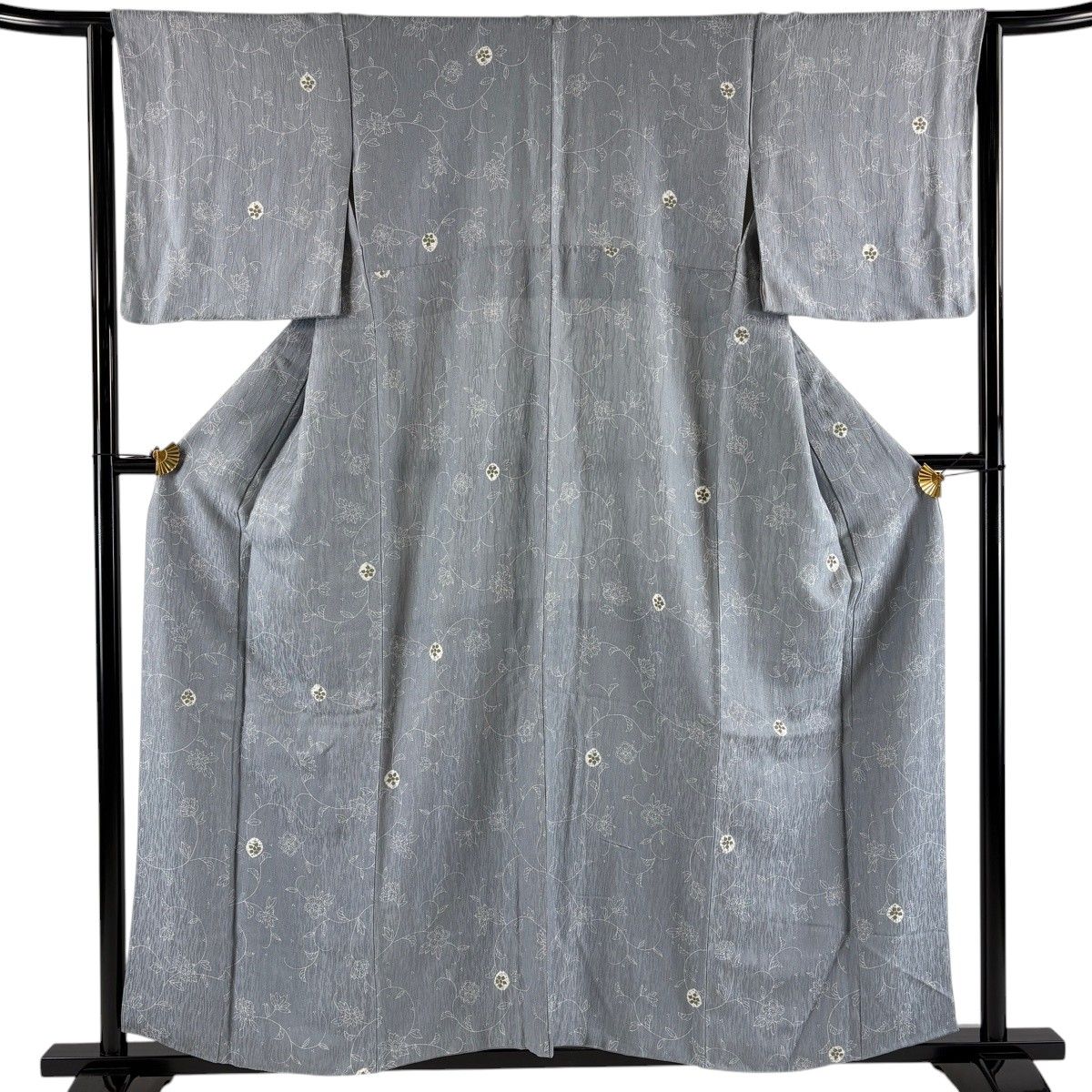 【美品】 小紋 身丈157cm 裄丈63.5cm S 袷 花唐草 青灰色 正絹 秀品 【中古】