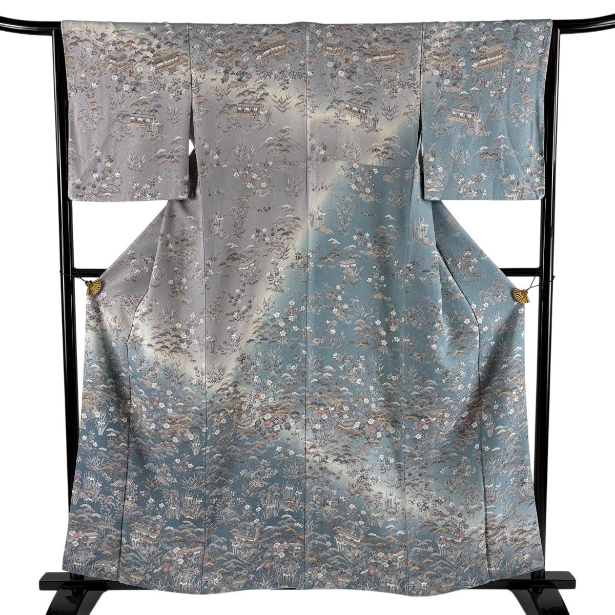 【美品】 訪問着 身丈159cm 裄丈65cm M 袷 建物 松竹梅 染め分け 灰紫 正絹 秀品 【中古】