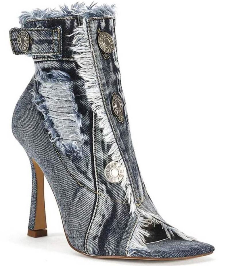 アザレア ワン レディース シューズ ブーツ・レインブーツ デニム ブーツ Azalea Wang Tandy Distressed Denim Peep Toe Booties Denim デニム