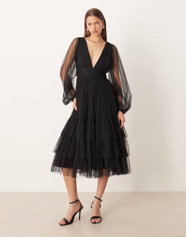 レース アンド ビーズ レディース トップス ワンピース Vネック チュール ミディ シアー Lace Beads Bridesmaid Madison deep vneck sheer bell s 35,620円