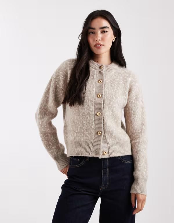 エイソス レディース アウター カーディガン プリント ニット ASOS DESIGN knit cardigan with gold buttons in bambi print Beige ベージ