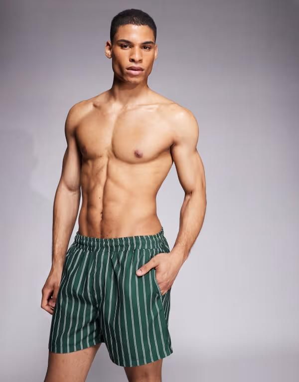 エイソス メンズ 水着 ハーフパンツ・ショーツ ショートパンツ ASOS DESIGN swim shorts in short length stripe GREEN グリーン