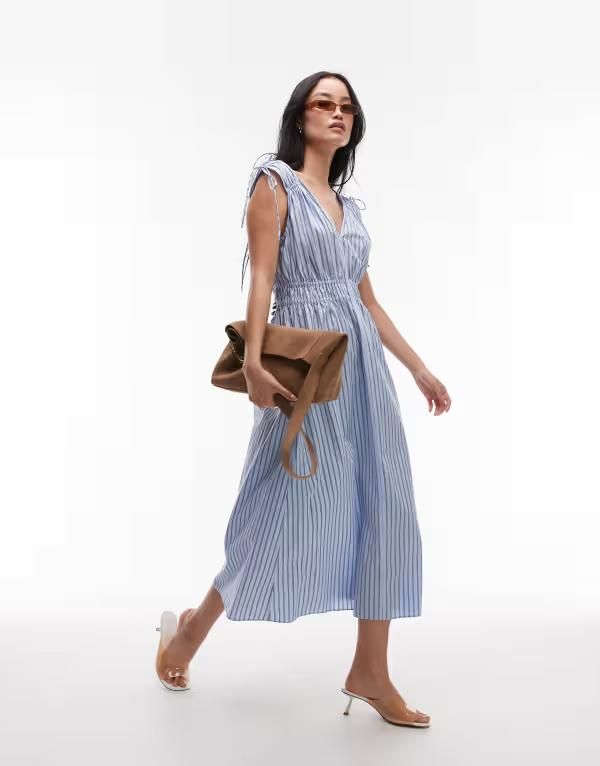 アンドアザーストーリーズ レディース トップス ワンピース ギャザー Other Stories midaxi dress with ruched tie shoulder detail stripe