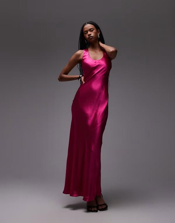 トップショップ レディース トップス ワンピース マキシワンピース サテン マキシ Topshop racer neck satin bias cut maxi dress PINK ピンク