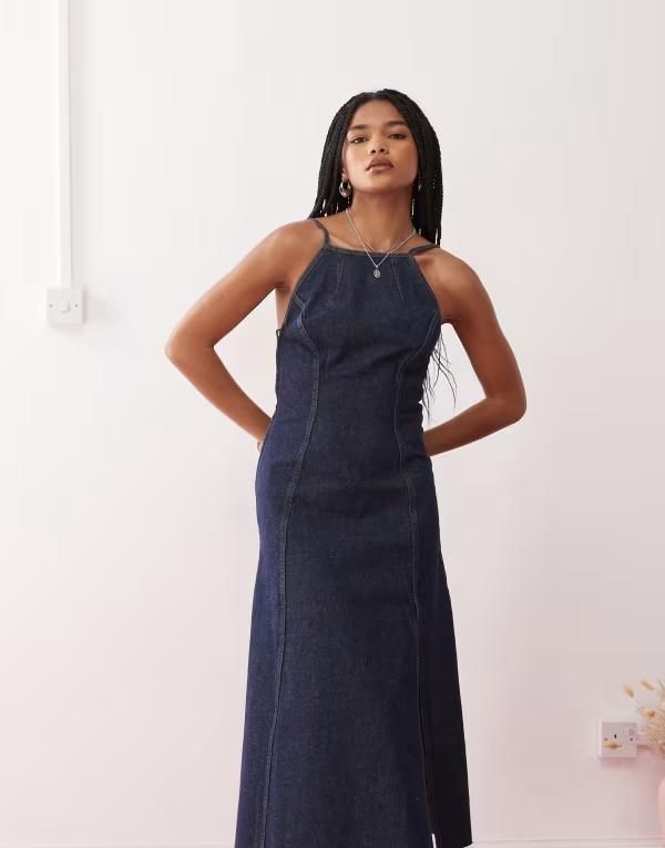コルージョン レディース トップス ワンピース オープンバック ミディワンピース ミディ デニム COLLUSION 90s open back denim midi dress in rinse w