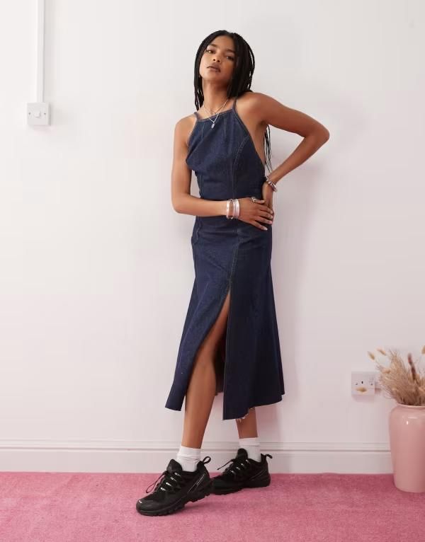 コルージョン レディース トップス ワンピース オープンバック ミディワンピース ミディ デニム COLLUSION 90s open back denim midi dress in rinse wその他