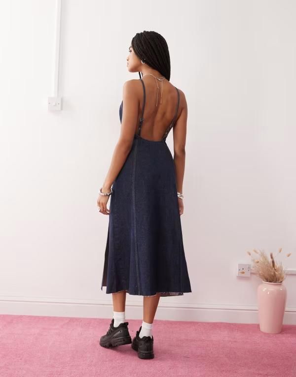 コルージョン レディース トップス ワンピース オープンバック ミディワンピース ミディ デニム COLLUSION 90s open back denim midi dress in rinse w