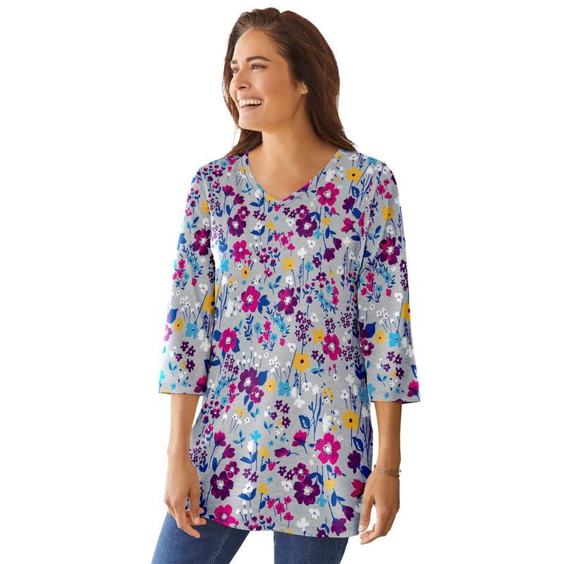 ウーマン ウィズイン レディース トップス Tシャツ Vネック プラスサイズ プリント Woman Within Womens Plusize Perfect Printed Threequarter