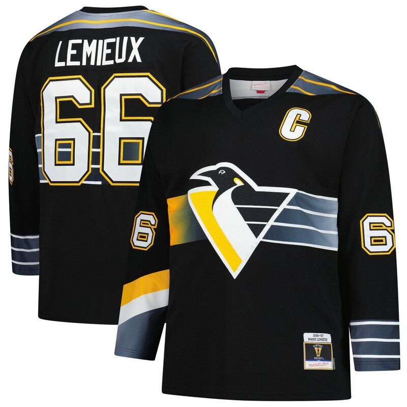 ミッチェルネス メンズ トップス Tシャツ ジャージー Mens Mitchell Ness Mario Lemieux Black Pittsburgh Penguins 199697 Blue L