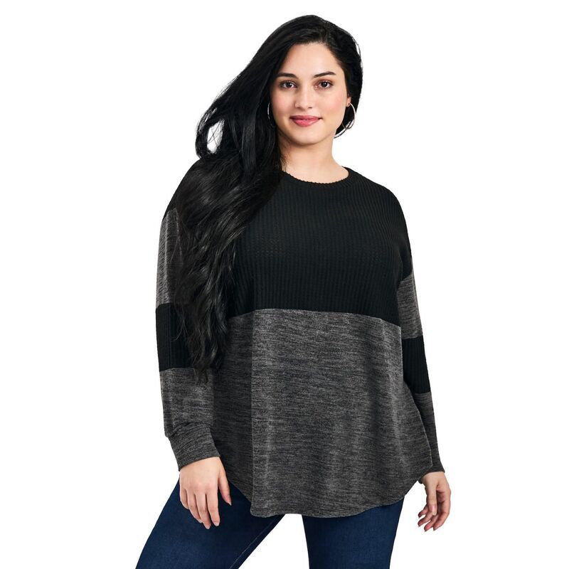 アベニュー レディース アウター ニット・セーター プラスサイズ Avenue Womens Plusize Leisure Splice Hacci Top Charcoal Black Marle