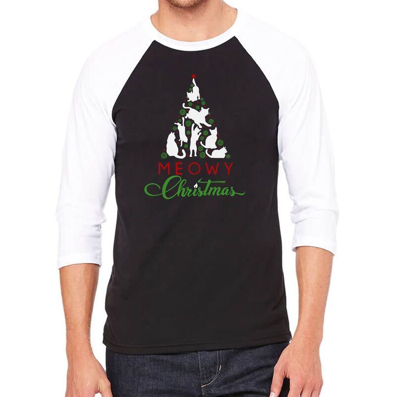 エルエーポップアート メンズ トップス Tシャツ LA Pop Art Meowy Christmas Tree Mens Raglan Baseball Word Artshirt Black Wh 9,344円