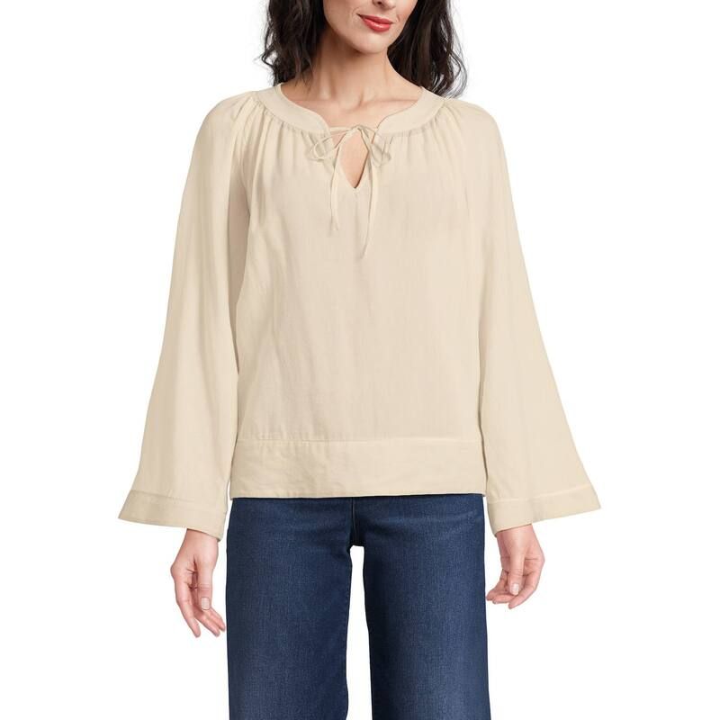 ランズエンド レディース トップス シャツ ブラウス Womens Lands End Voile Tie Neck Long Sleeve Poet Blouse Dried Bamboo