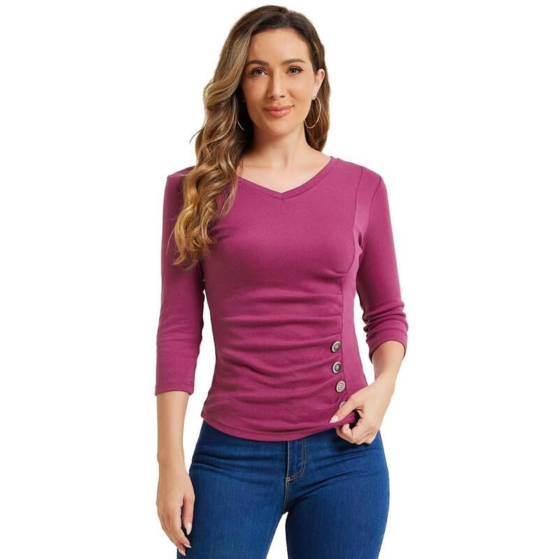 アレグラ ケー レディース トップス シャツ Vネック ギャザー ブラウス ニット ALLEGRA K Womens Decorative Button V Neck 34 Sleeve Solid