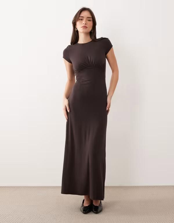 エイソス レディース トップス ワンピース ギャザー ミディ ASOS DESIGN ruched front midi day dress in chocolate チョコレート