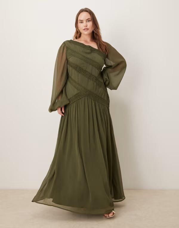 エイソス レディース トップス ワンピース アシンメトリー レーストリム レース マキシ ASOS Curve ASOS DESIGN Curve long sleeve asymmetric nec