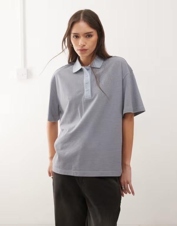 モンキ レディース トップス タンクトップ ポロシャツ Monki boxy fit short sleeve polo shirt stripes Blue Stripe ブルー