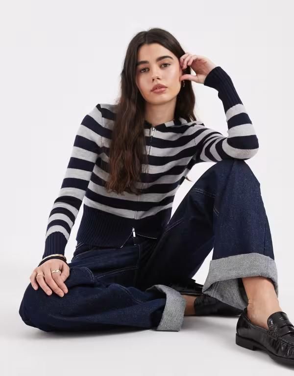 コットンオン レディース アウター ニット・セーター Cotton hooded zip up knit sweater gray stripes Multi マルチカラー