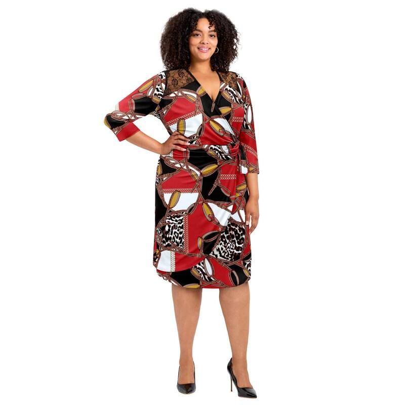 アベニュー レディース トップス ワンピース プラスサイズ レース Avenue Womens Plusize Deanna Wrap Lace Dress Red Chain Patchwork レ 11,385円