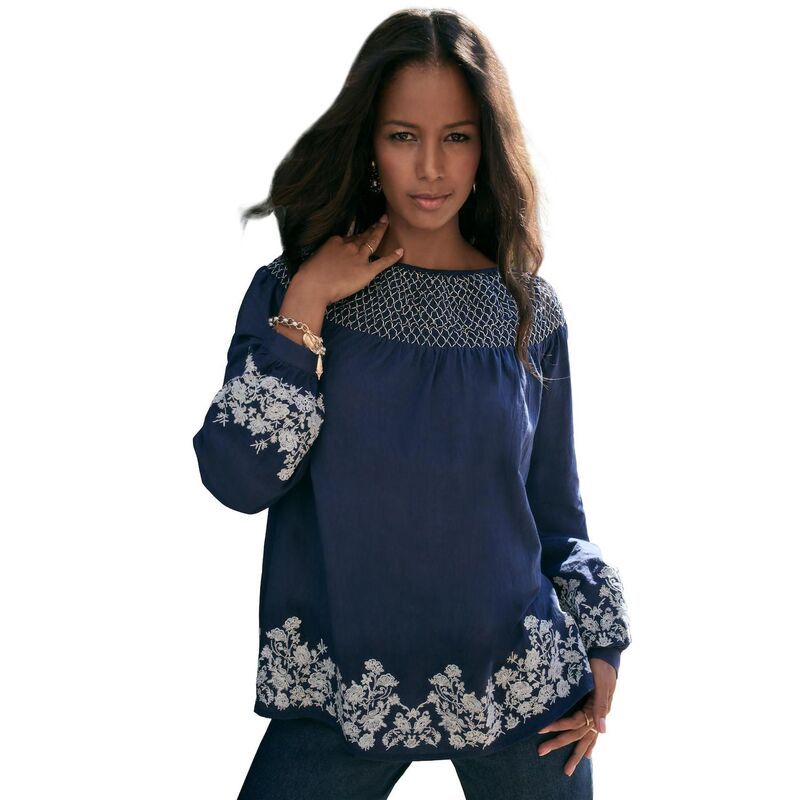 ロアマンズ レディース トップス シャツ プラスサイズ シャーリング 刺繍 ブラウス Roamans Womens Plusizembroidered Smocked Blouse Navy Pais