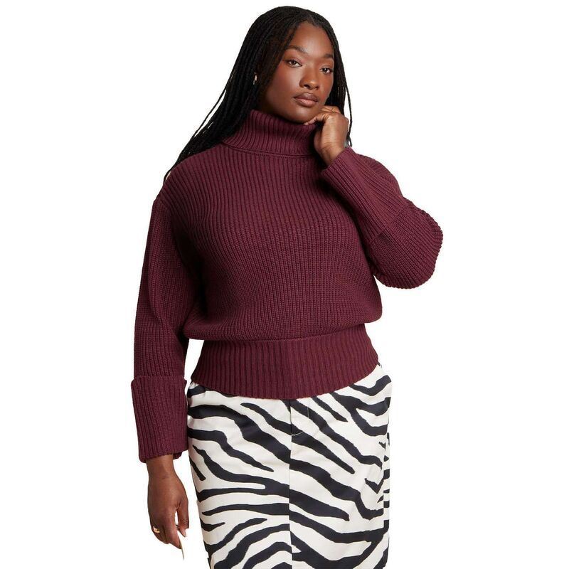 エロクイ レディース アウター ニット・セータートルネック プラスサイズ ELOQUII Womens Plusize Cuffed Turtleneck Sweater Tawny Port